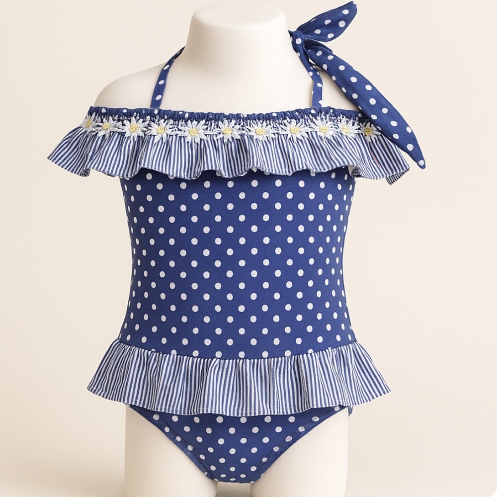 Seafolly Size 3 Blue & White Polka Dot One Piece Swimsuit Ruffle Halter Daisys